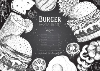 Burgers and ingredients for burgers vector illustration. Fast food, junk food frame. American food. Elements for burgers restaurant menu design. Engraved image, retro style.