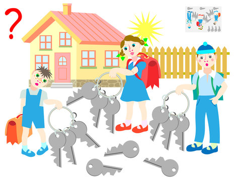 Logic puzzle game for children and adults. All children have the identical sets of four keys. Which of keys each of children has lost? Vector cartoon image.