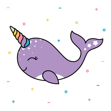 Cute smiling pastel whale with colorful unicorn horn on white background