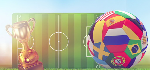 soccer trophy soccer ball with soccer field 3d rendering