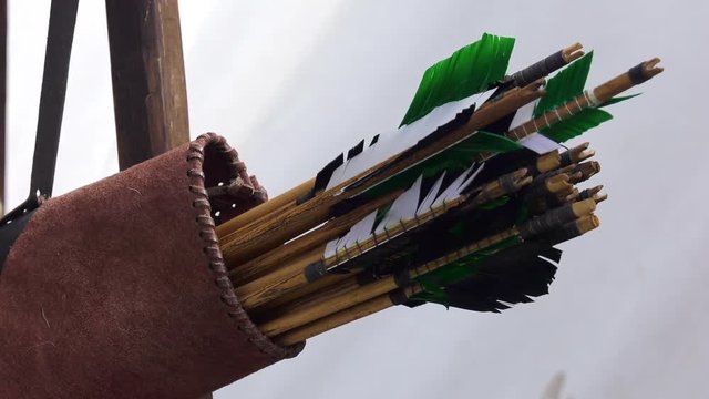 arrows in leather quiver swaying in breeze 4k