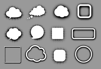 White speech clouds and frames on grey.