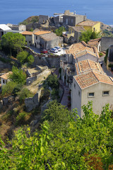 Aerial view of old buildings in mountain village Savoca in Sicily, Italy