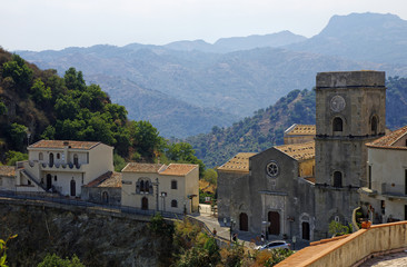 Fototapeta na wymiar Aerial view of old buildings in mountain village Savoca in Sicily, Italy