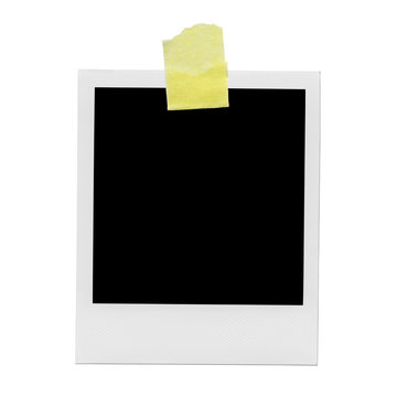 XXXL &ETH; blank polaroid photo. Isolated vintage frame with yellow tape