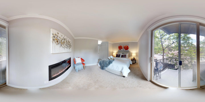 3d illustration spherical 360 degrees, a seamless panorama of master bedroom.
