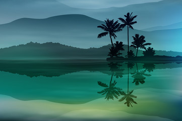 Background with sea and palm trees at night. EPS10 vector.