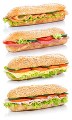 Baguette Brötchen belegt mit Schinken Salami Käse Lachs Fisch Sandwich frisch übereinander freigestellt Freisteller