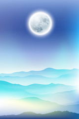 Background with fullmoon and mountains in the fog. EPS10 vector.