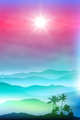 Background with palm tree and mountains in the fog. EPS10 vector.