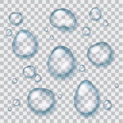 Vector set of shiny clear transparent water drops isolated on checkered background
