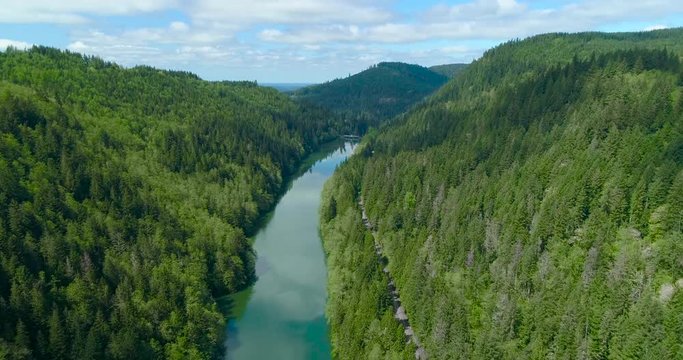 Mountain Forest River Dam Aerial View Nisqually River Washington USA