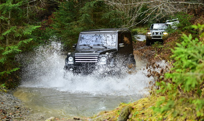Car racing with creek on way. Extreme driving, competition and 4x4 vehicles concept. Offroad race in forest. SUV or offroad cars crossing water stream