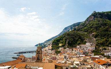 View of the City Center with Bell Tower of the Cathedral of Amalfi, Italy