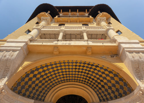 Decorated Facade with Balcony of an beautiful ancient Building of the Belle Epoque in Quartiere Coppede, Rome, Shot from below