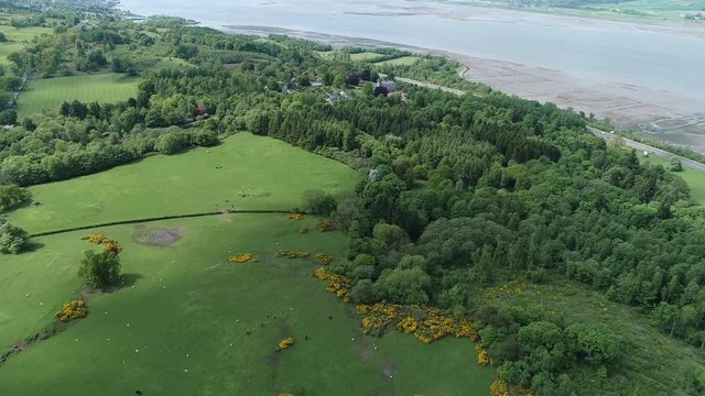 Aerial footage flying over woodland and yellow gorse covered hillside towards a large house and gardens near the village of Langbank on the south shore of the Firth of Clyde.