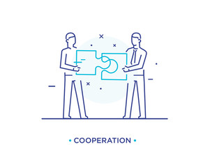 Businessmen connect puzzle. Joint efforts, success, union. Success Cooperation. line icon illustration