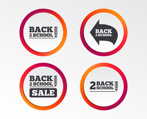 Back to school sale icons. Studies after the holidays signs. Pencil symbol. Infographic design buttons. Circle templates. Vector