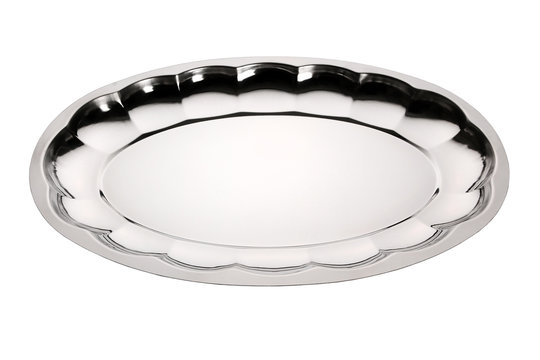 Empty stainless serving tray. Silver tray with floral ornament