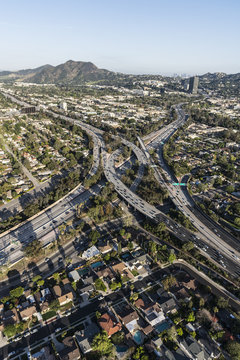 Vertical aerial view of Hollywood 170 and Ventura 101 freeways in the San Fernando Valley area of Los Angeles, California.