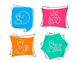 Set of Dating chat, Working hours and Person idea icons. Success business sign. People love, Project deadline, Lamp energy. Growth chart.  Flat geometric colored tags. Vivid banners. Vector