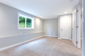 Grey bedroom interior with built in closet.
