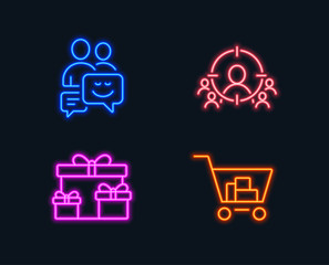 Neon lights. Set of Business targeting, Surprise boxes and Communication icons. Internet shopping sign. People and target aim, Holiday gifts, Business messages. Cart with purchases. Vector