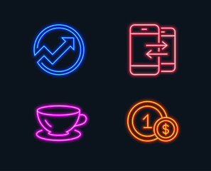 Neon lights. Set of Audit, Espresso and Phone communication icons. Usd coins sign. Arrow graph, Coffee cup, Incoming and outgoing calls. Cash payment.  Glowing graphic designs. Vector