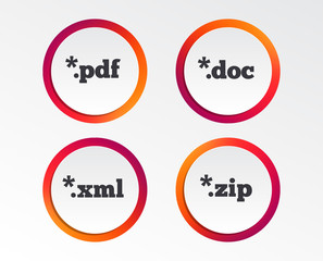 Document icons. File extensions symbols. PDF, ZIP zipped, XML and DOC signs. Infographic design buttons. Circle templates. Vector