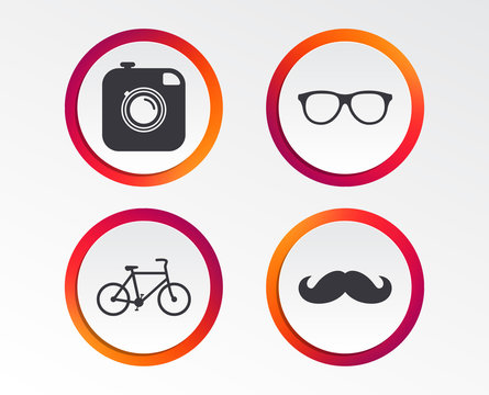 Hipster photo camera with mustache icon. Glasses symbol. Bicycle family vehicle sign. Infographic design buttons. Circle templates. Vector