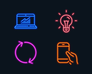 Neon lights. Set of Refresh, Online statistics and Idea icons. Hold smartphone sign. Rotation, Computer data, Light bulb. Phone call.  Glowing graphic designs. Vector