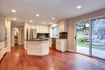 White kitchen room with stainless steel appliances.