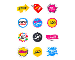 Sale banners. Best offers, discounts tags. Market sale flyers or Clearance special offers. Shopping sale stars templates. Vector illustration