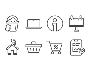 Set of Special offer, Shopping basket and Sponge icons. Laptop, Road banner and Report checklist signs. Discounts, Sale offer, Cleaner bucket. Mobile computer, Advertisement, Sales growth file