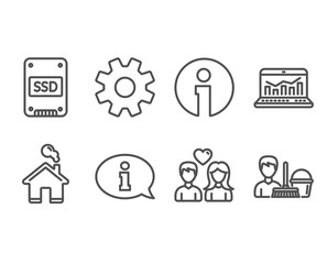 Set of Ssd, Web analytics and Information icons. Couple love, Service and Cleaning service signs. Solid-state drive, Statistics, Info center. People in love, Cogwheel gear, Bucket with mop. Vector