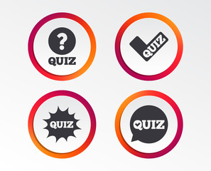 Quiz icons. Speech bubble with check mark symbol. Explosion boom sign. Infographic design buttons. Circle templates. Vector