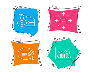 Set of Message, Salary and Sms icons. Infographic graph sign. Speech bubble, Diplomat with money bag, Conversation. Line diagram.  Flat geometric colored tags. Vivid banners. Trendy graphic design