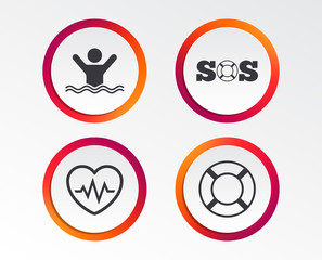 SOS lifebuoy icon. Heartbeat cardiogram symbol. Swimming sign. Man drowns. Infographic design buttons. Circle templates. Vector