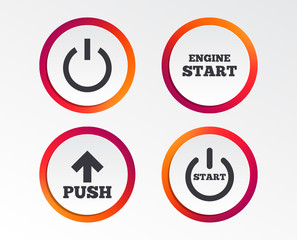 Power icons. Start engine symbol. Push or Press arrow sign. Infographic design buttons. Circle templates. Vector