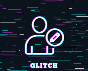 Glitch effect. Edit User line icon. Profile Avatar with pencil sign. Person silhouette symbol. Background with colored lines. Vector
