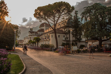 Spa house Merano and promenade, South Tyrol, Italy, - obrazy, fototapety, plakaty