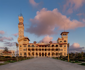 Fototapeta na wymiar Front view of the royal palace at Montaza public park at sunset time, Alexandria, Egypt