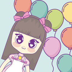 Kawaii anime girl over colorful balloons and blue background, vector illustration