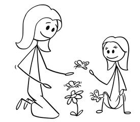 Cartoon stick man drawing conceptual illustration of mother and daughter watching flowers and butterflies or nature together. Concept of parenting.