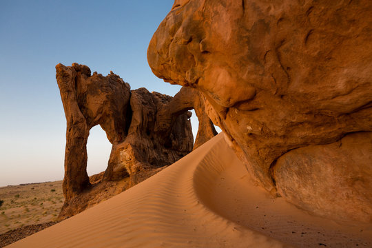 Beautiful elephant shaped rock arch in Sahara rock formation with sand dune in foreground – Elephant Rock, Mauritania