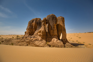 Fototapeta na wymiar Beatiful elephant shaped rock formation embedded in sand dune in Sahara, Dhar Tichitt, Mauritania