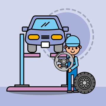 employee repairing car service steering wheel vector illustration