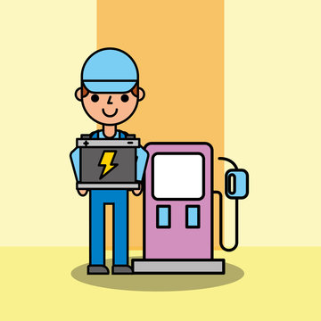 employee car service pump gasoline station and battery vector illustration