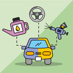 car service maintenance painting sprayer oil bottle vector illustration