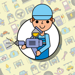 worker holding painting sprayer tool car service maintenance vector illustration